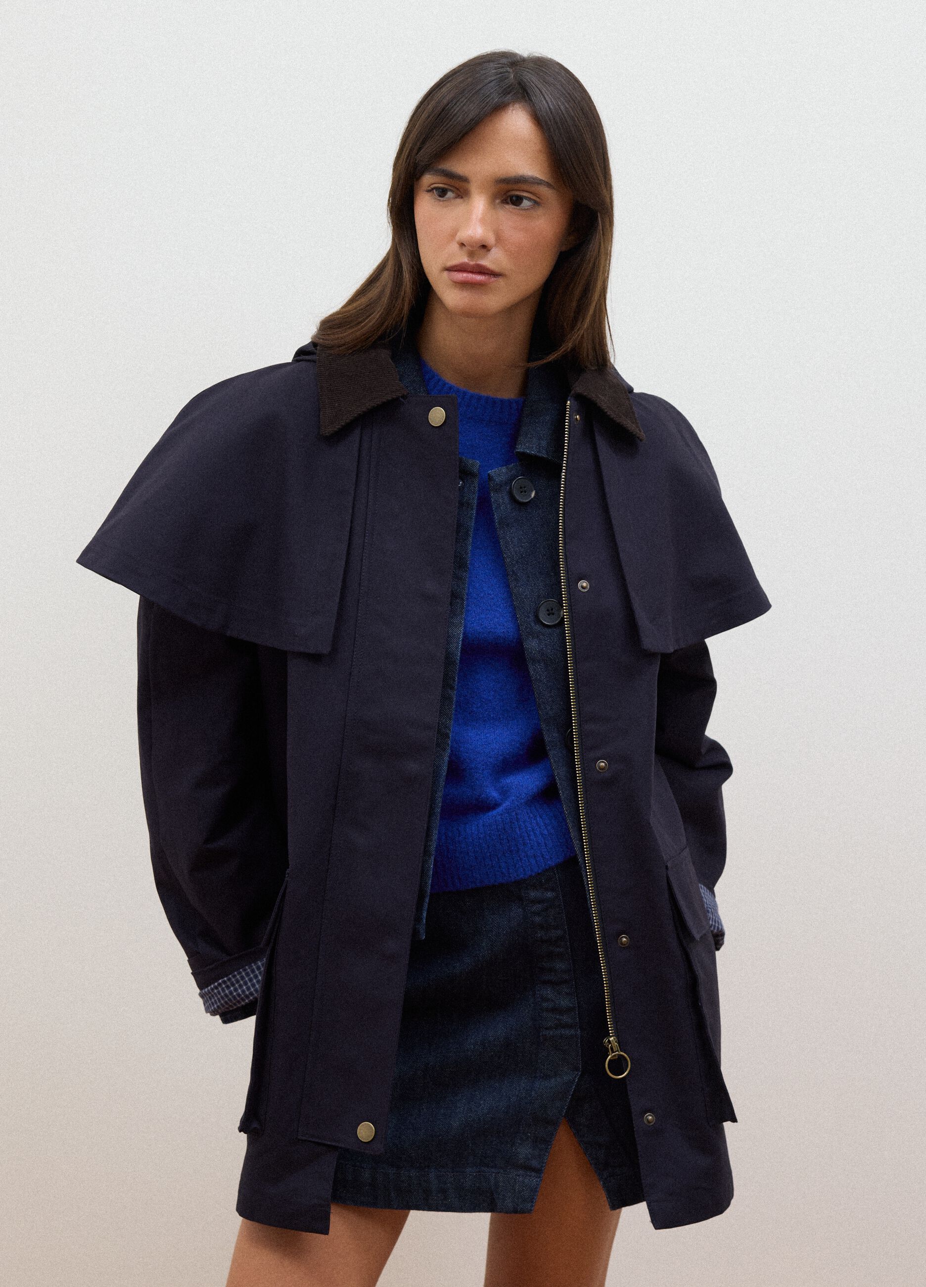 Blue pure cotton parka with hood, oversized fit