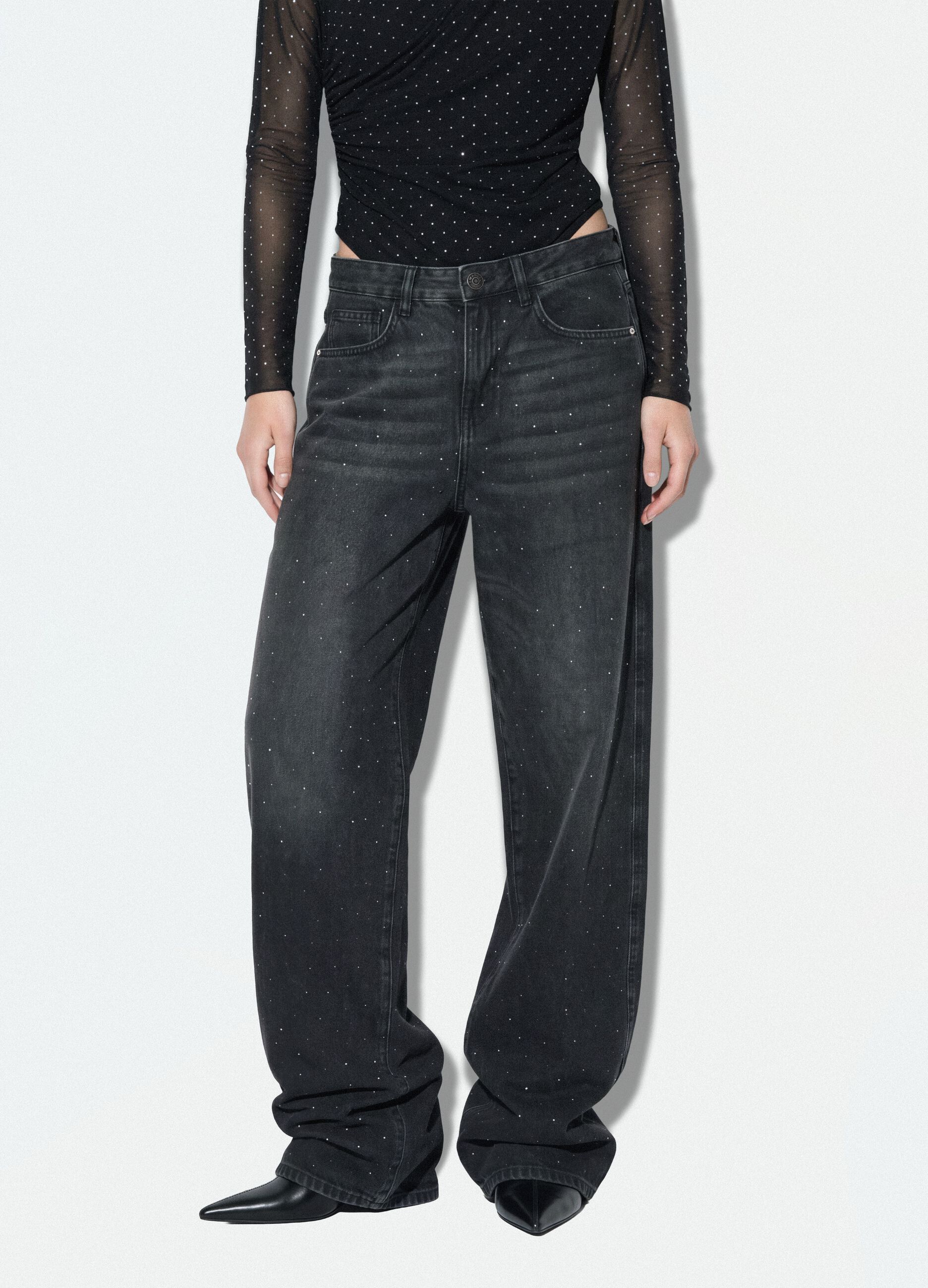 Jeans neri in puro cotone skater fit con strass