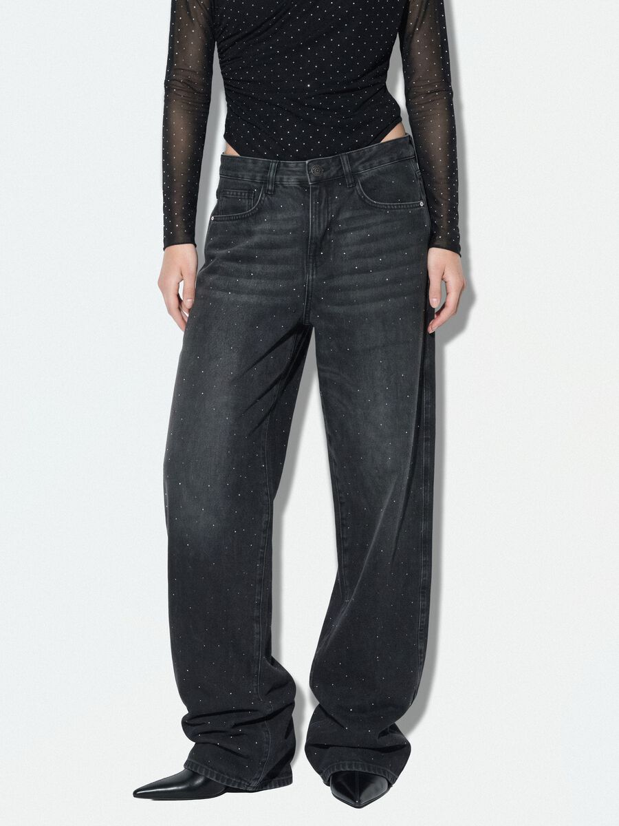 Jeans neri in puro cotone skater fit con strass_1