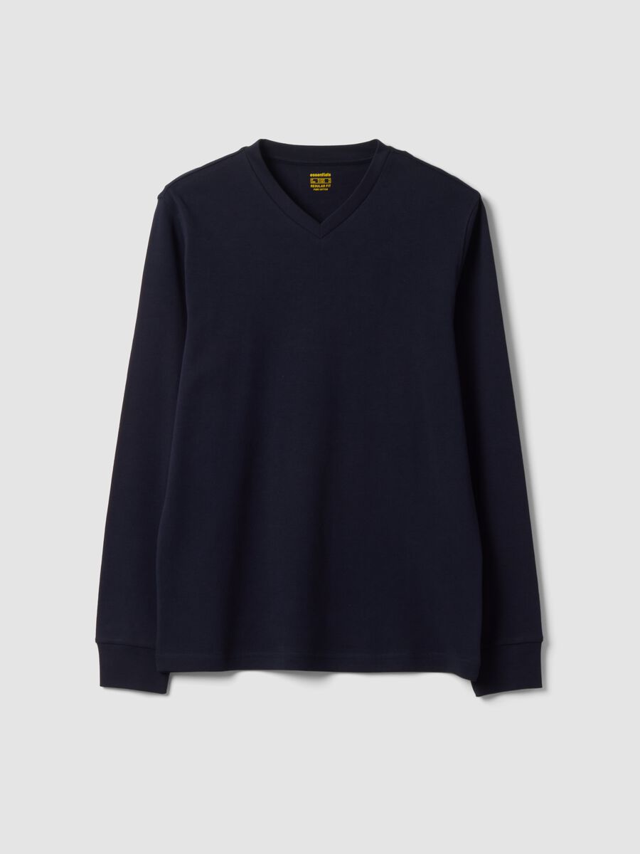 Blue pure cotton V-neck T-shirt, regular fit_0