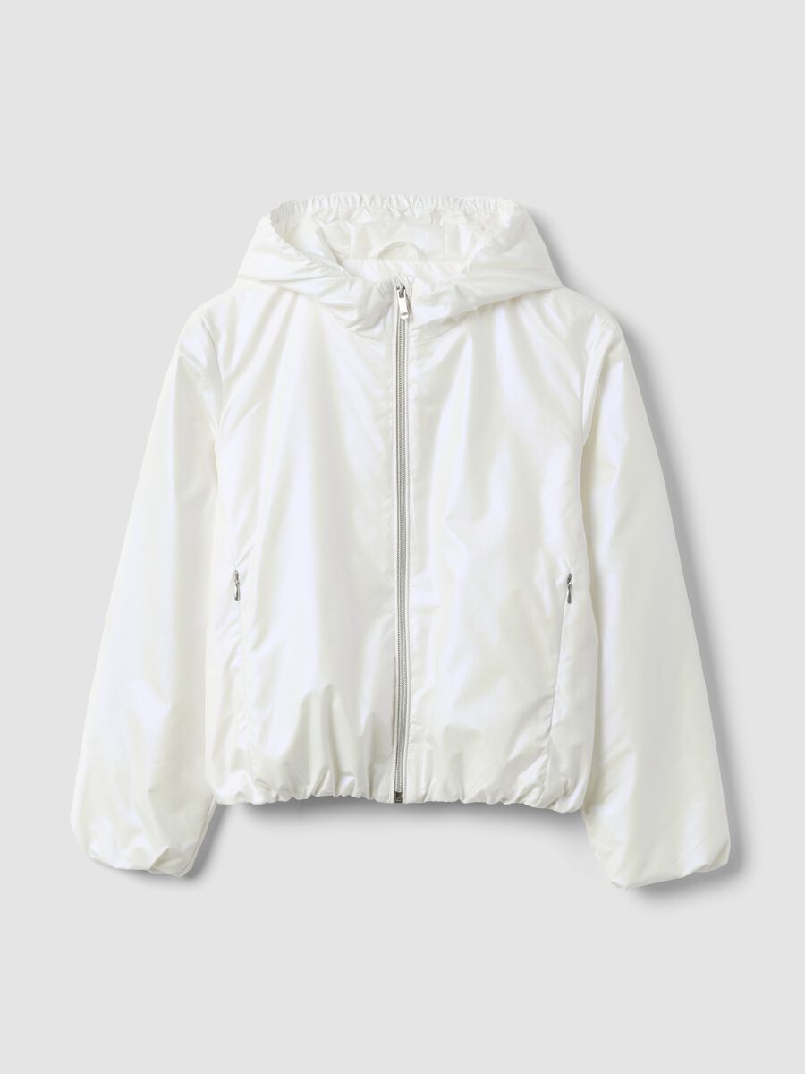 White hooded rain jacket with zip for girls_4