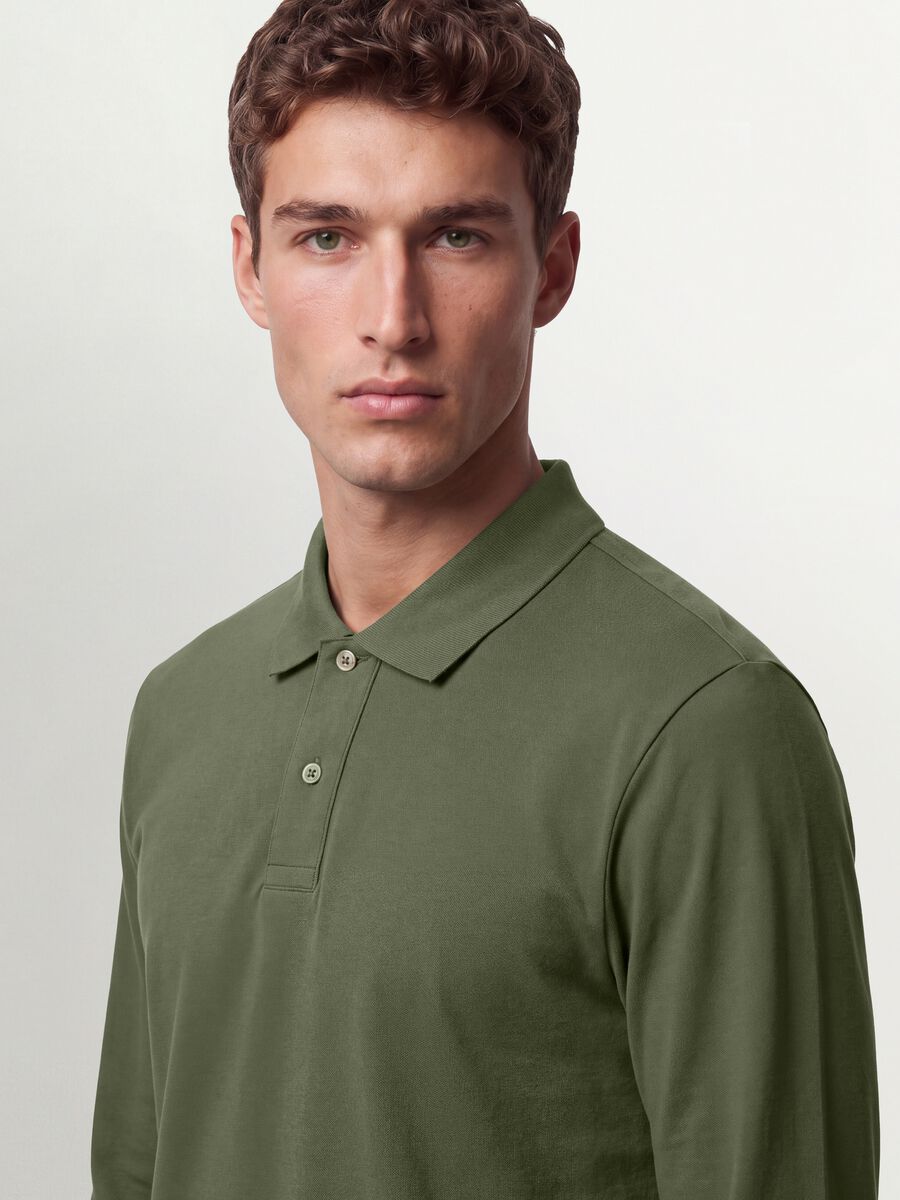 Green long-sleeve organic cotton piqu&eacute; polo, regular fit_1
