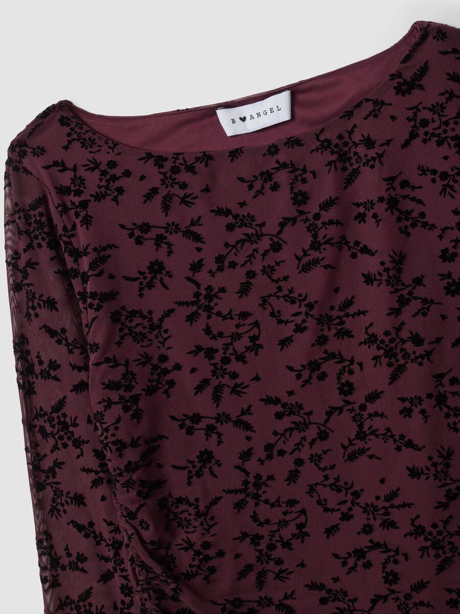 Purple stretch T-shirt with flocked floral motif_5