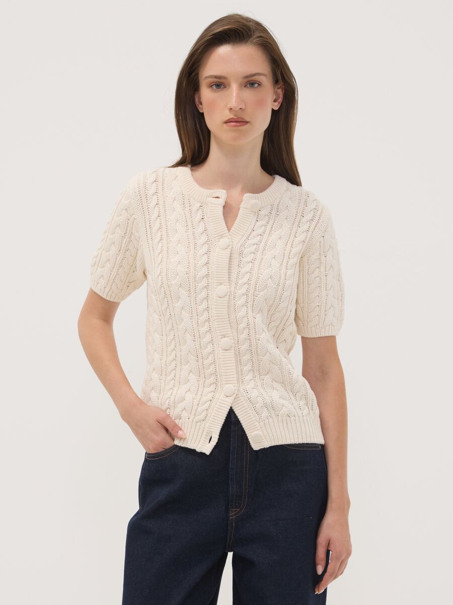 Beige pure cotton cable-knit cardigan, regular fit_1