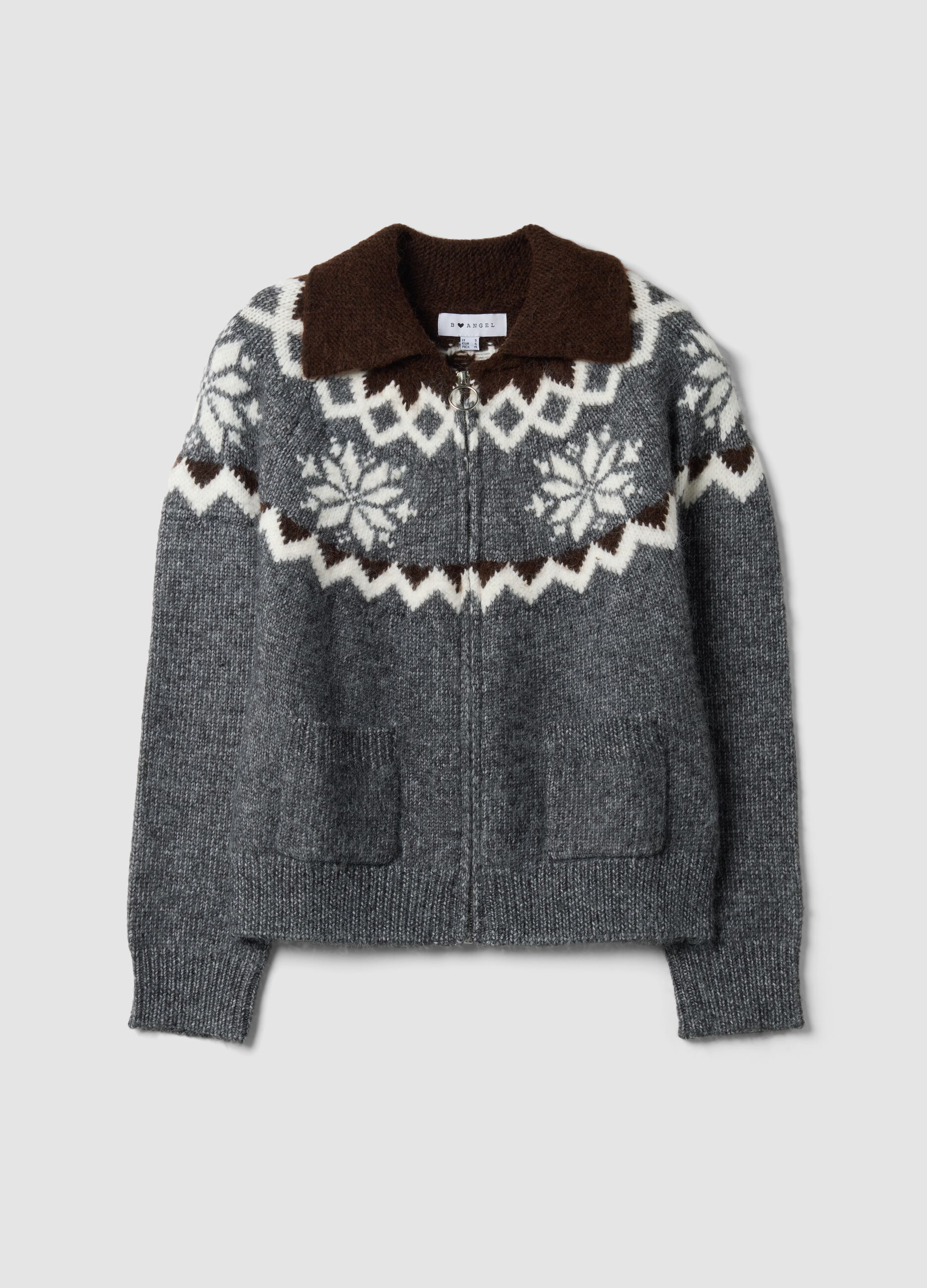 Grey jacquard cardigan with collar and zip, regular fit