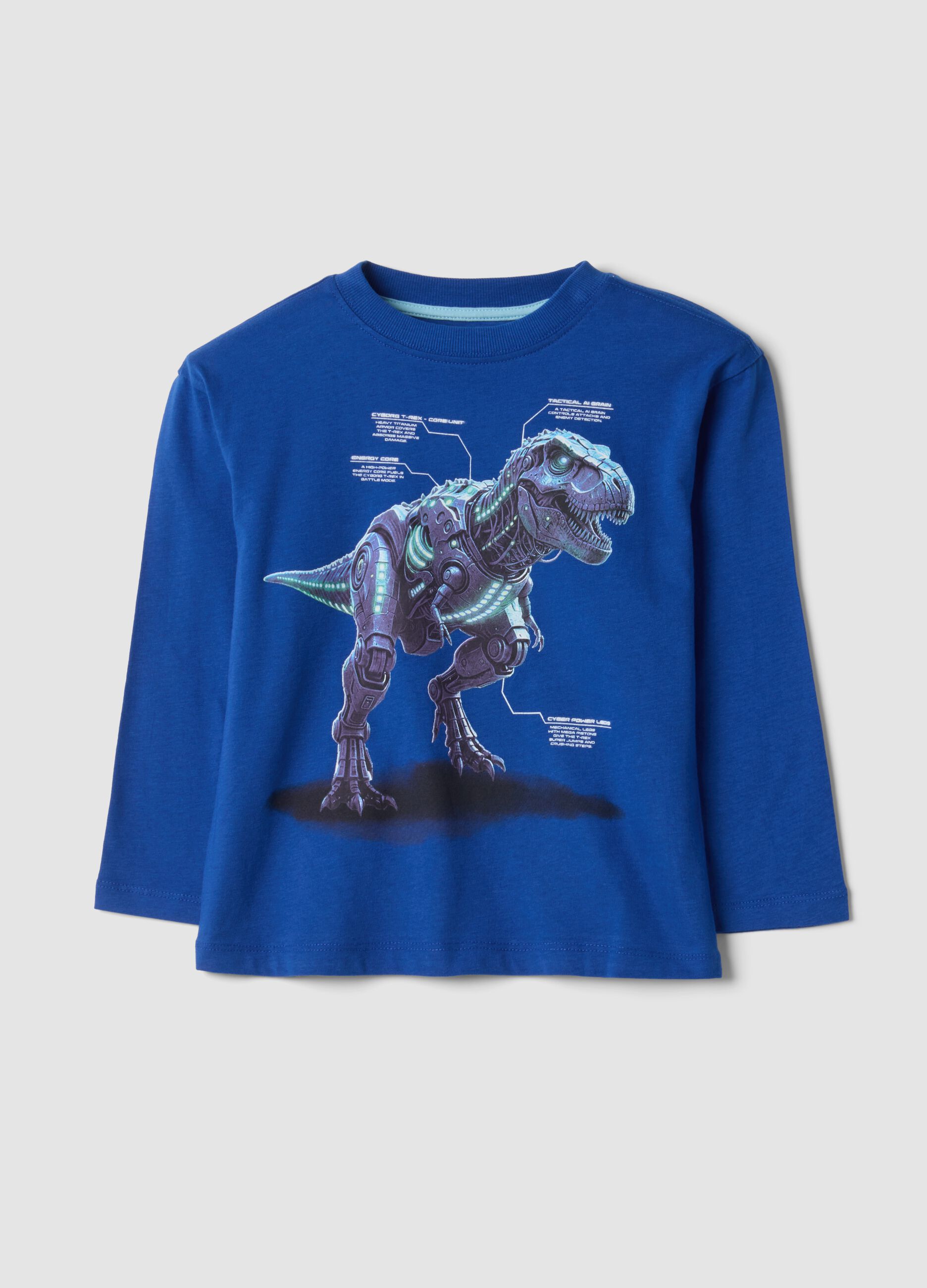 T-shirt blu girocollo in puro cotone organico con stampa dinosauro