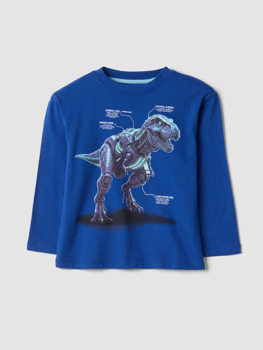 Blue organic cotton crew-neck T-shirt with dinosaur print_0