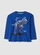 T-shirt blu girocollo in puro cotone organico con stampa dinosauro_0