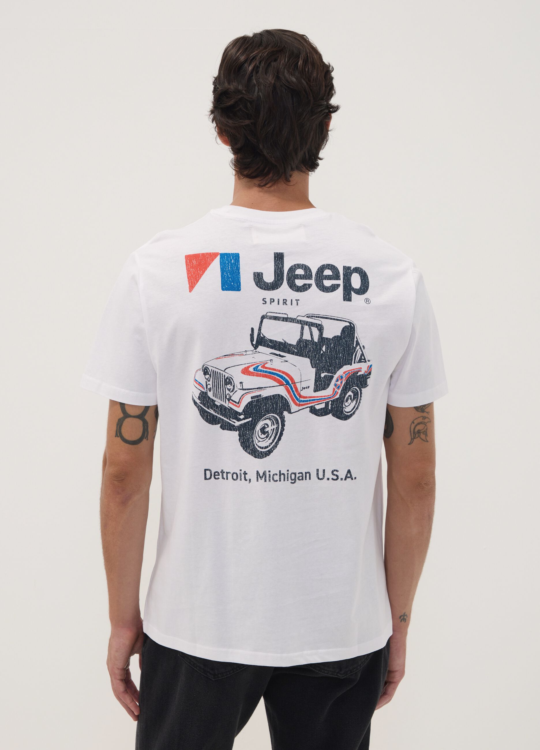 تيشيرت أبيض من قطن خالص بياقة دائرية مع طبعة Jeep