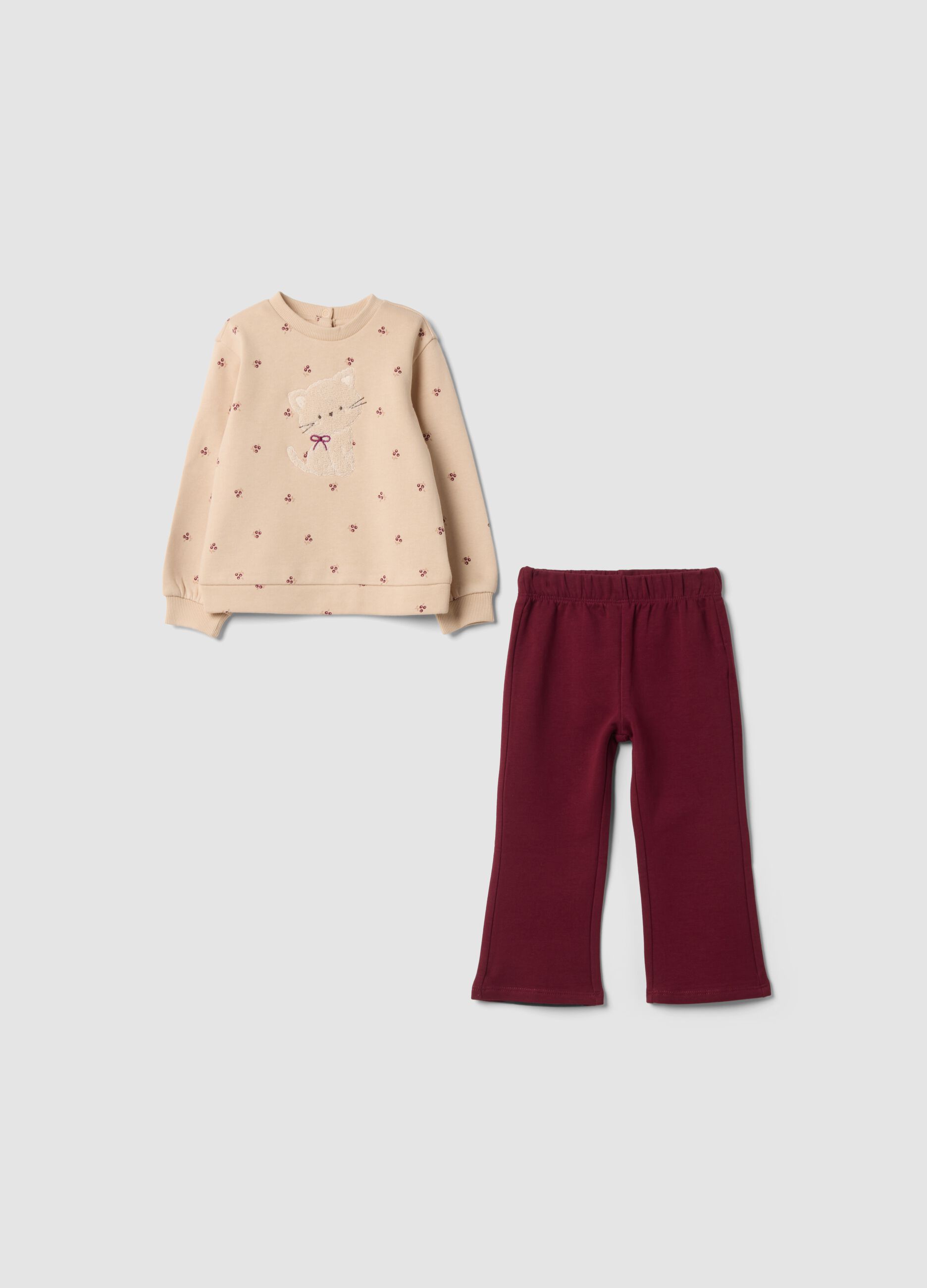 Completo beige in puro cotone con felpa girocollo