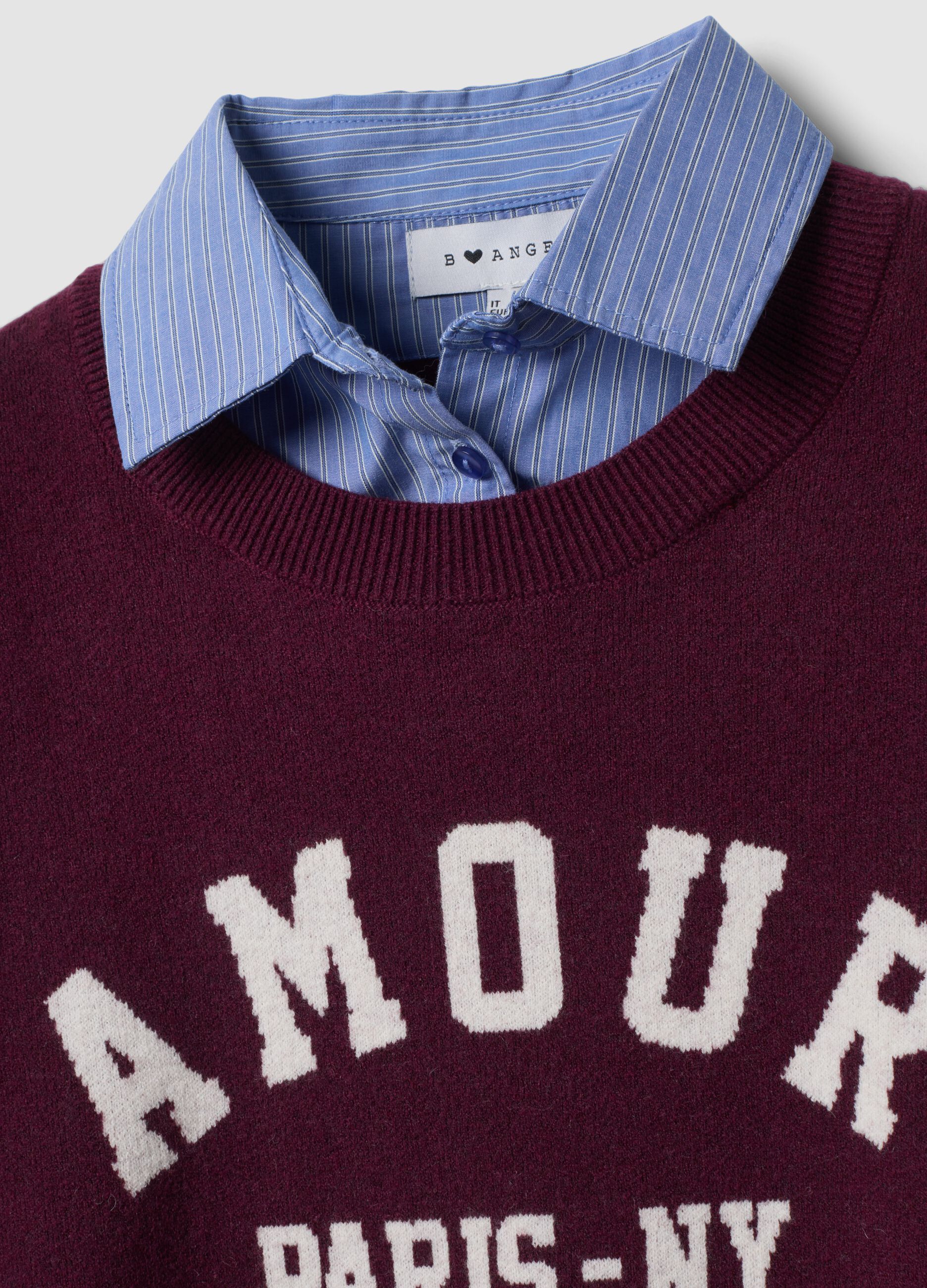 Maglia viola in misto viscosa e lana con scollo a V e inserto camicia