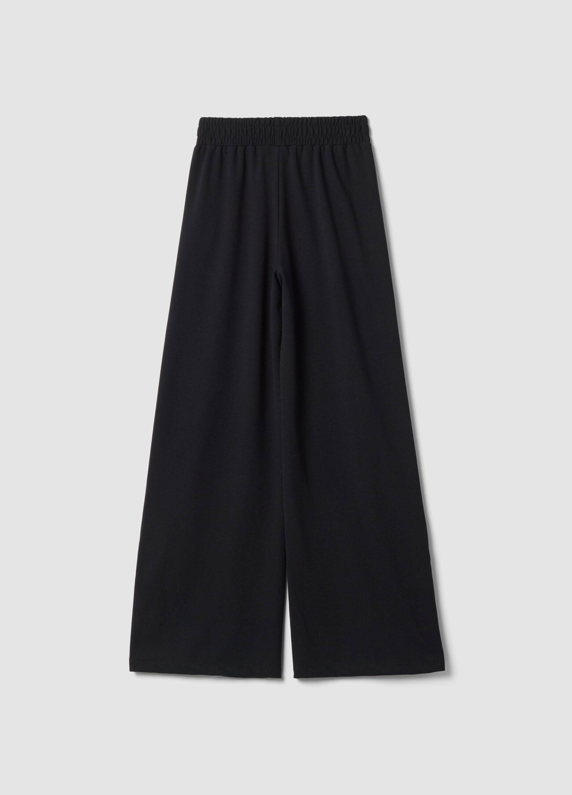 Pantaloni neri wide leg in viscosa elasticizzata con bande a contrasto