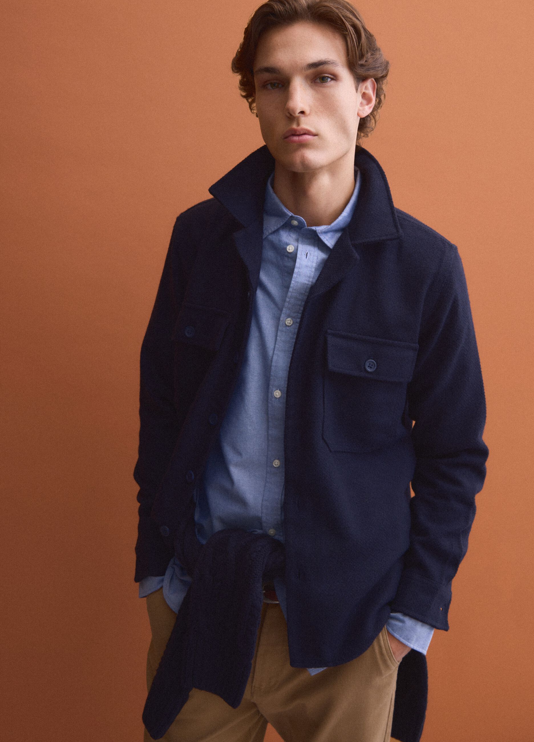 Blue wool and viscose-blend shacket with buttons, oversized fit
