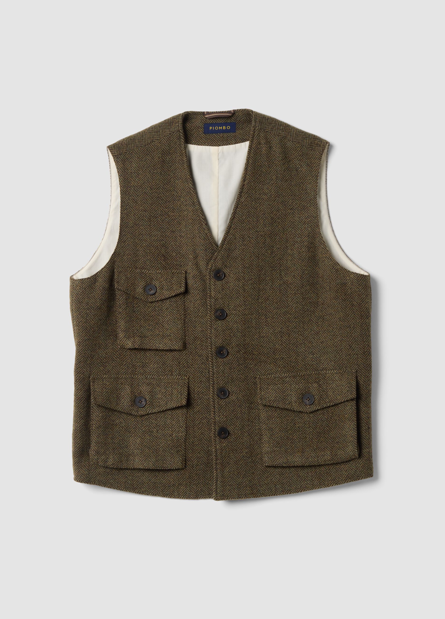 Brown herringbone wool and viscose blend waistcoat