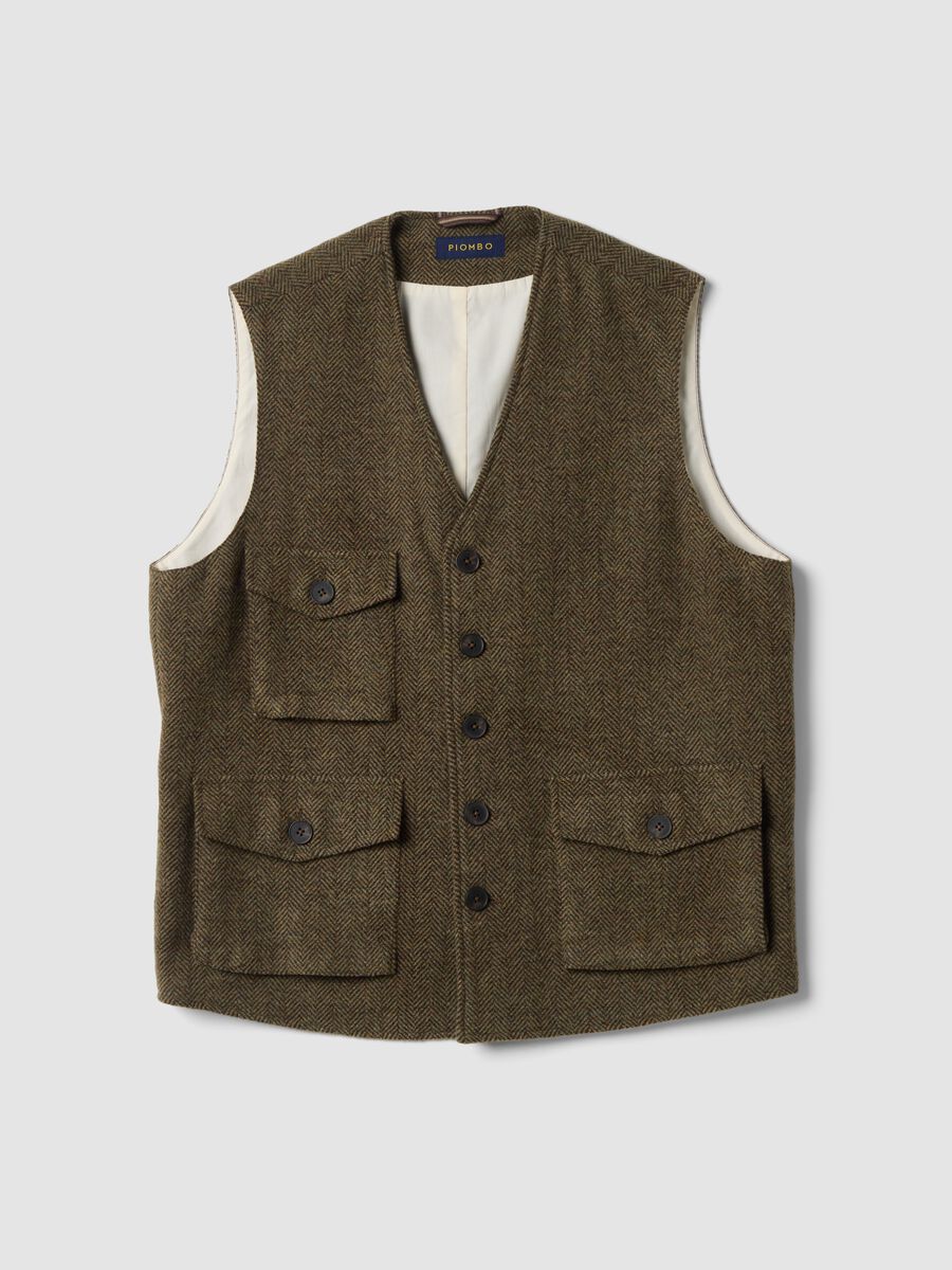 Brown herringbone wool and viscose blend waistcoat_0