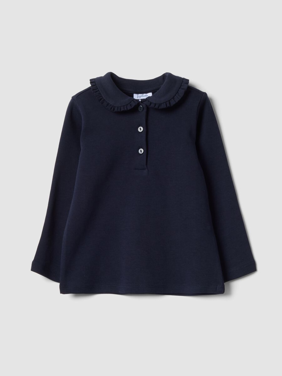 Blue organic cotton polo shirt with ruffled collar_0
