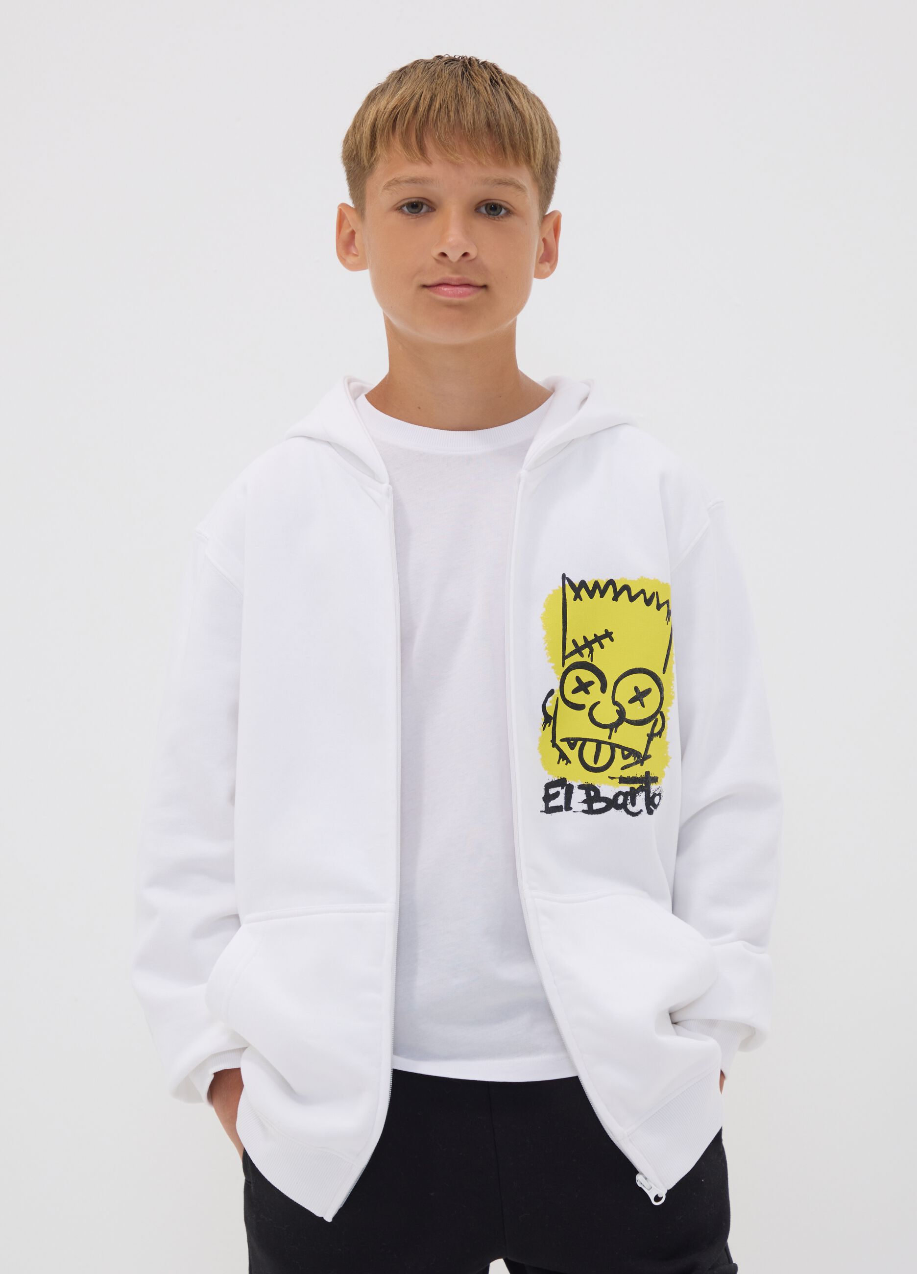 White pure-cotton hooded sweatshirt with Simpsons print for boys