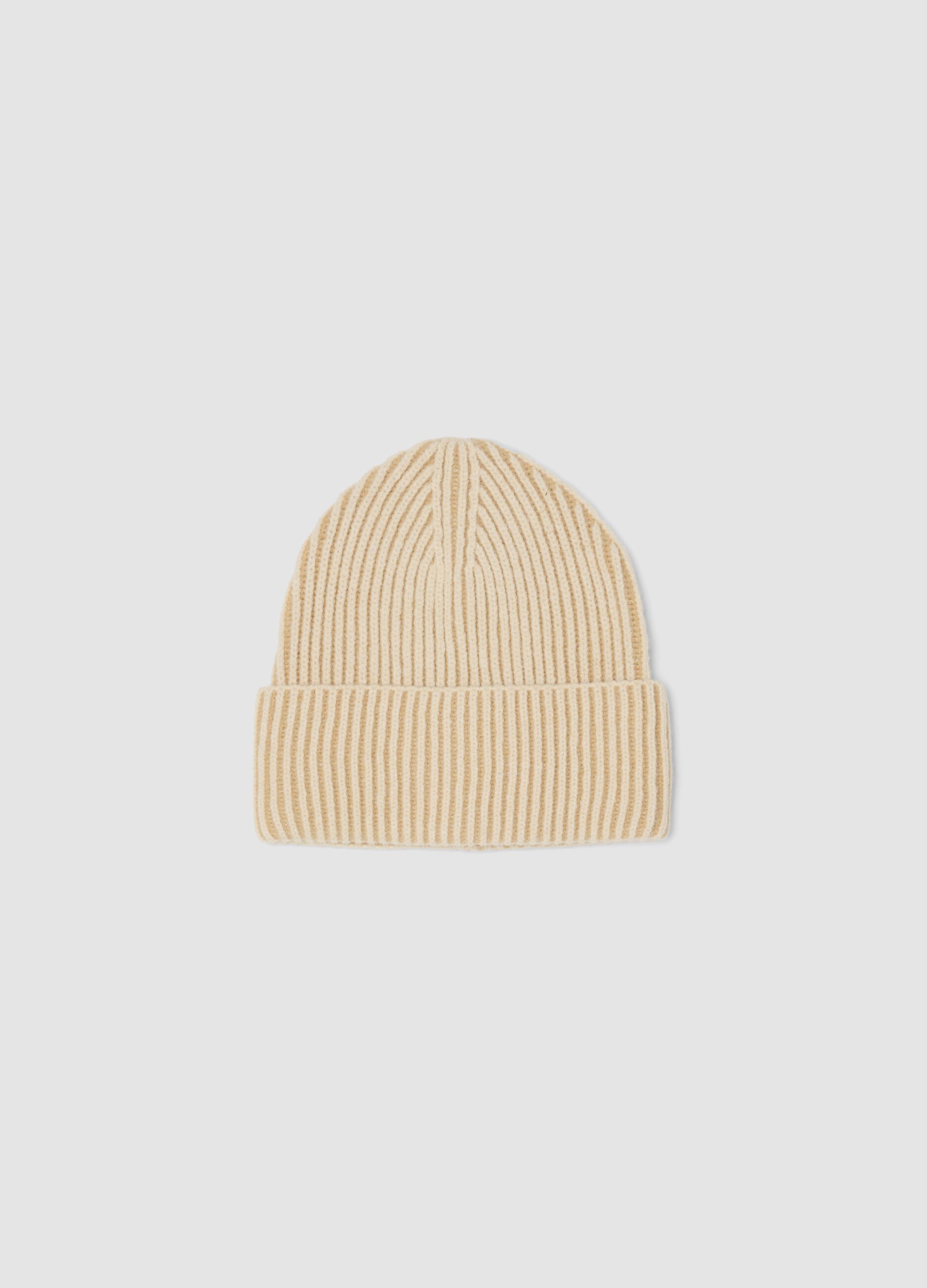 Beige ribbed knit beanie with turn-up