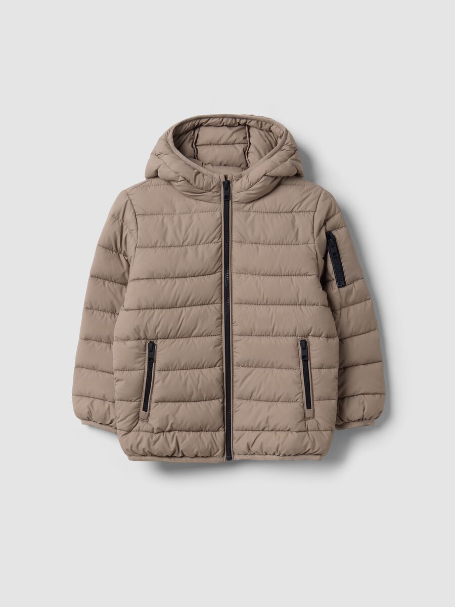 Beige ultralight padded hooded zip jacket for boys_0