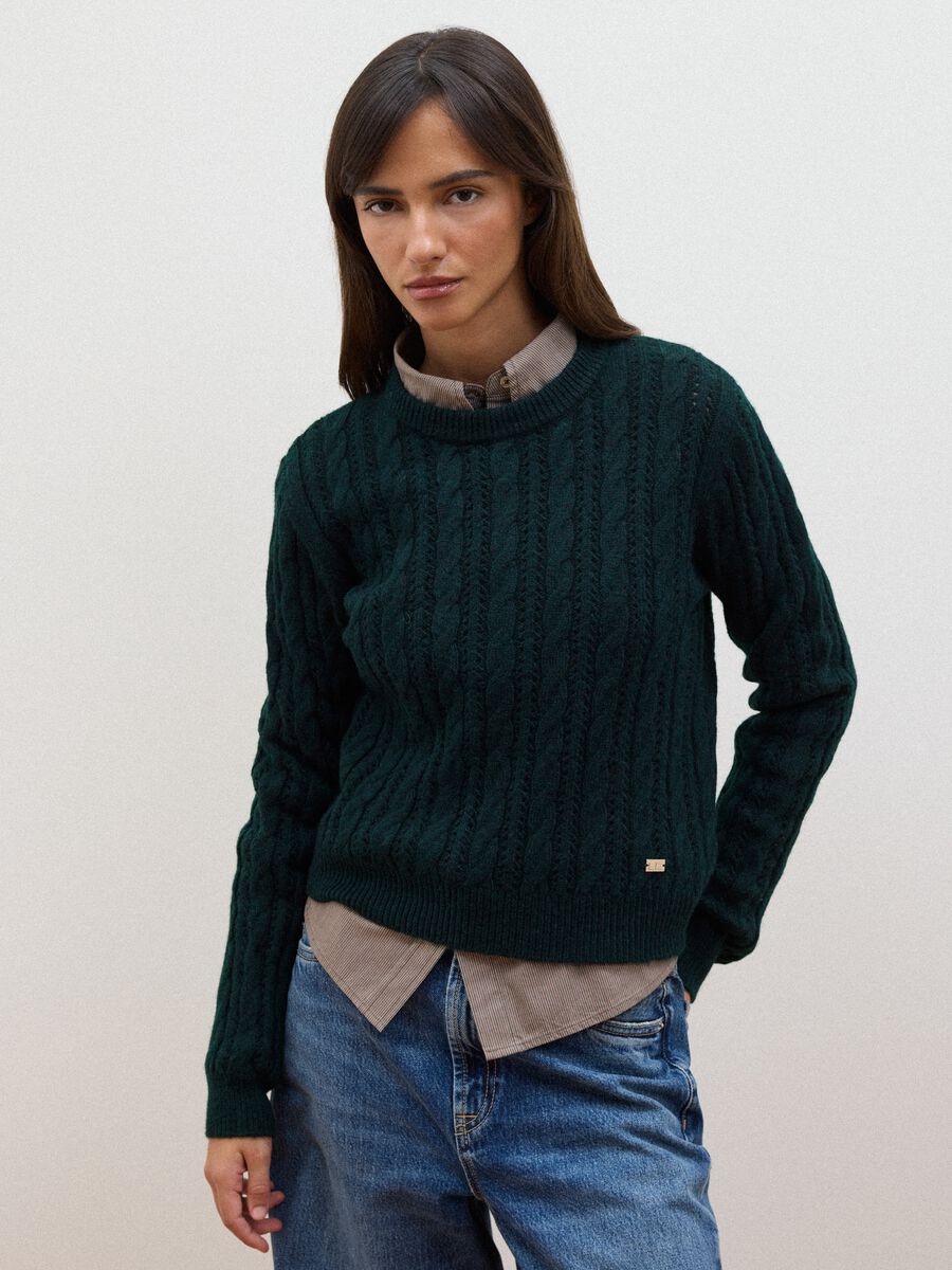 Green crew-neck cable-knit wool-blend jumper, regular fit_0