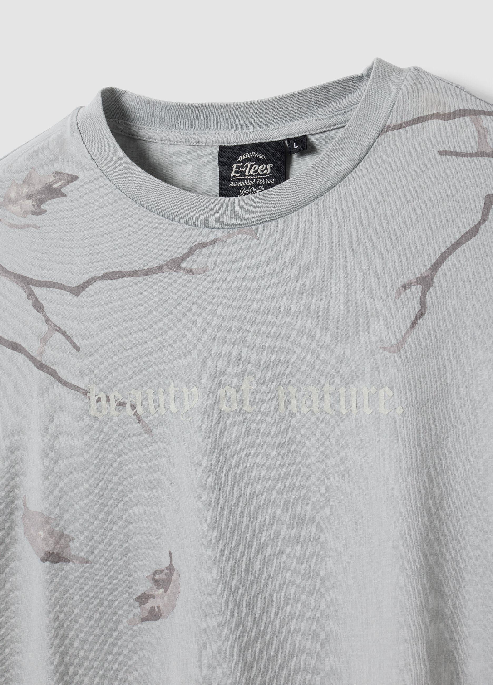Grey pure cotton T-shirt with foliage print