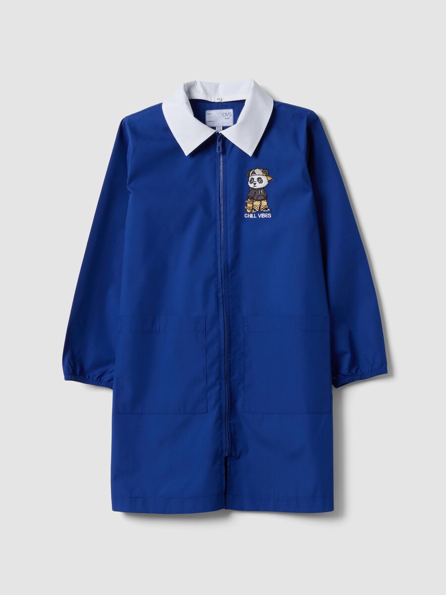 Customisable blue school apron with zip and panda embroidery_0