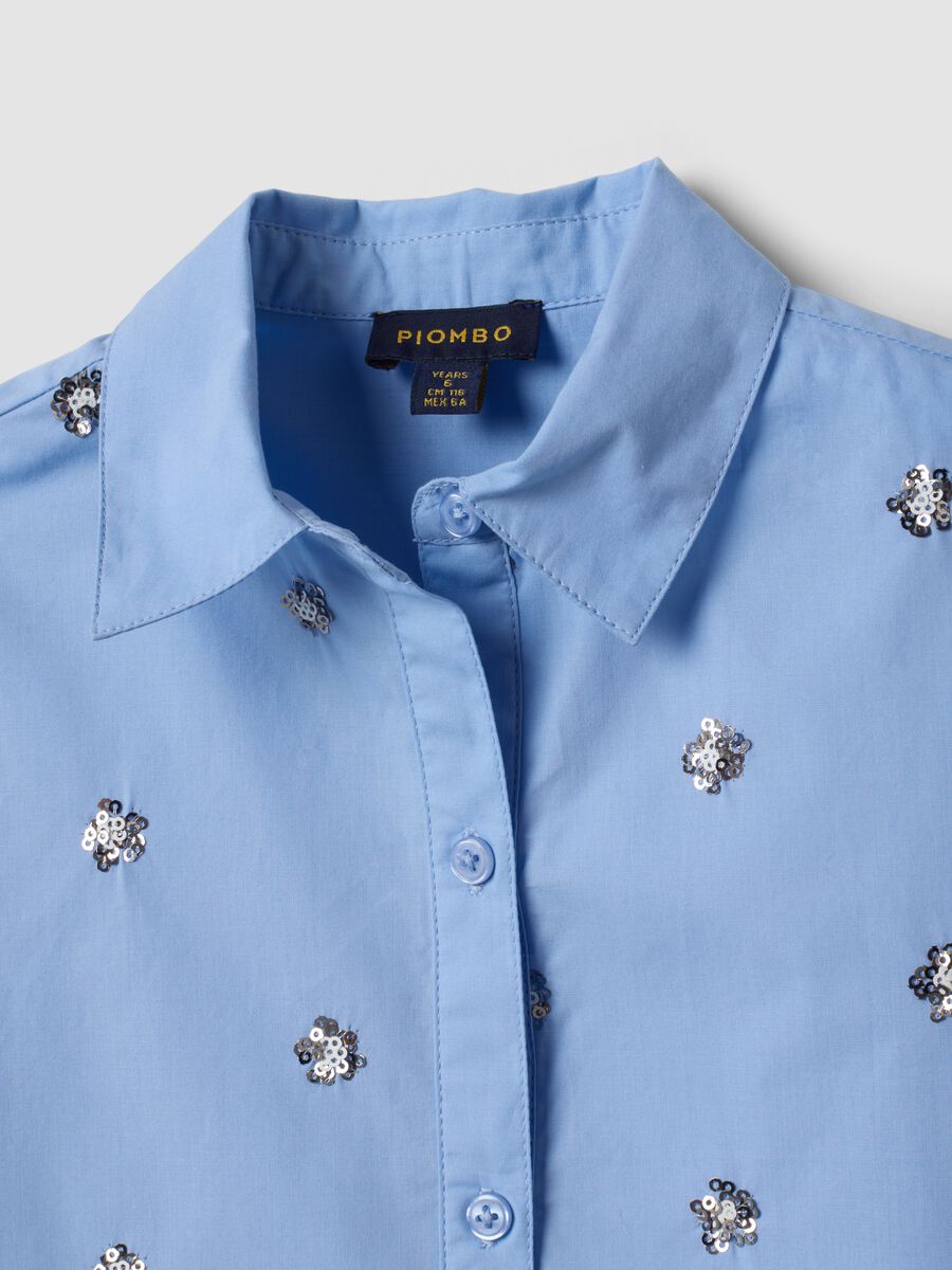 Light blue oversized pure cotton shirt with floral sequins_1