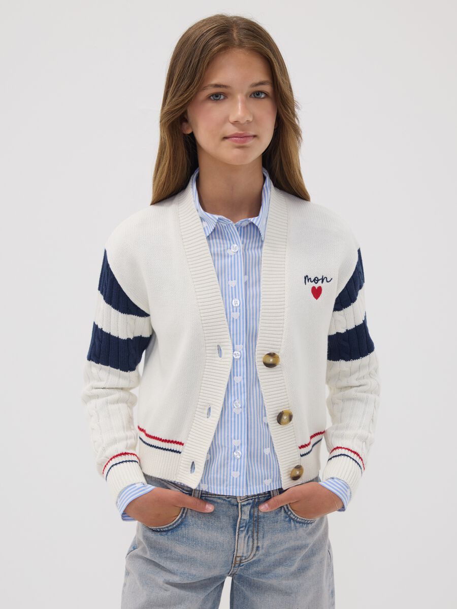 White cotton-blend cardigan with deep V-neck and heart embroidery_1