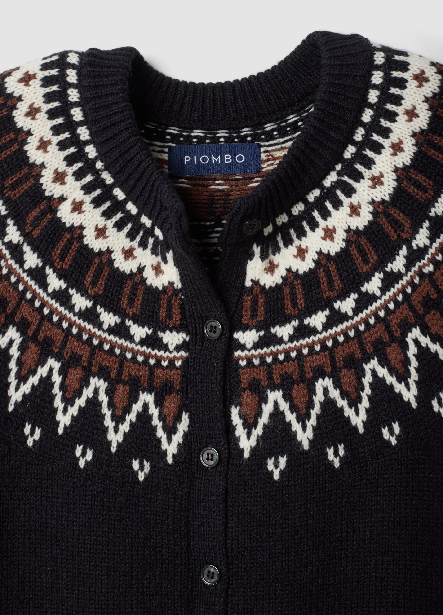 Blue jacquard wool-blend crew-neck cardigan