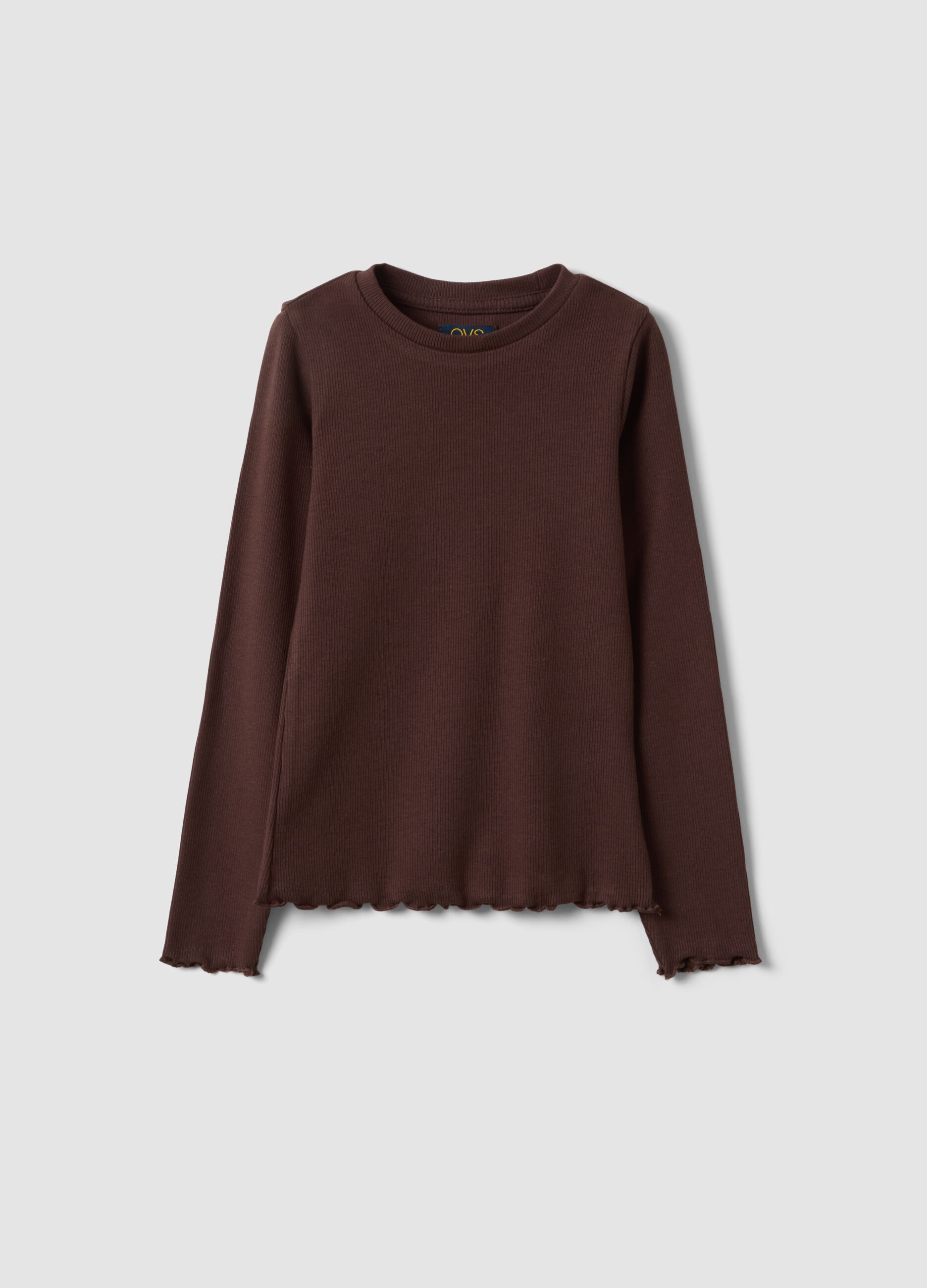 Brown ribbed organic stretch cotton T-shirt
