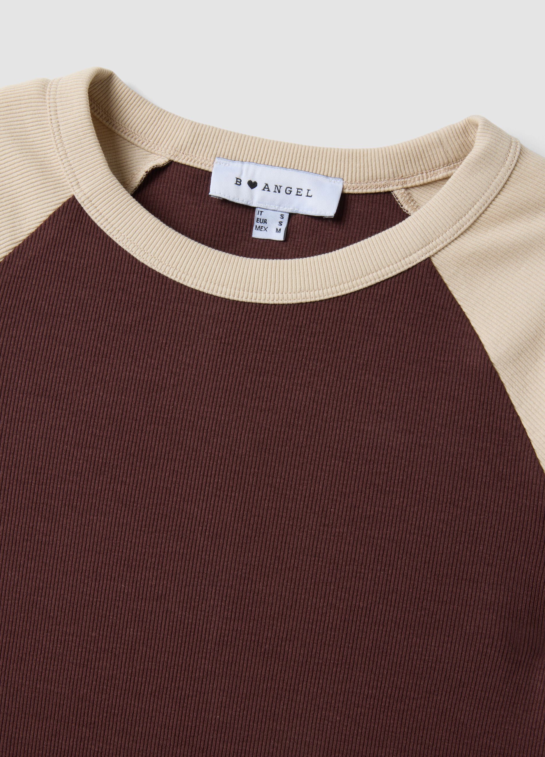 Brown stretch cotton crew-neck T-shirt with contrasting sleeves