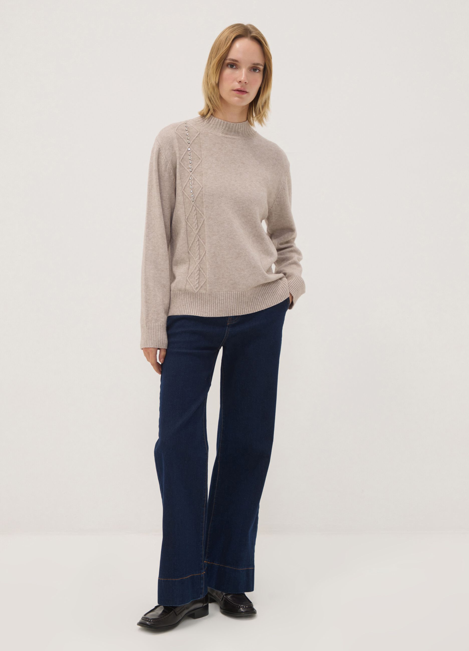Beige viscose-blend ribbed high-neck jumper, regular fit