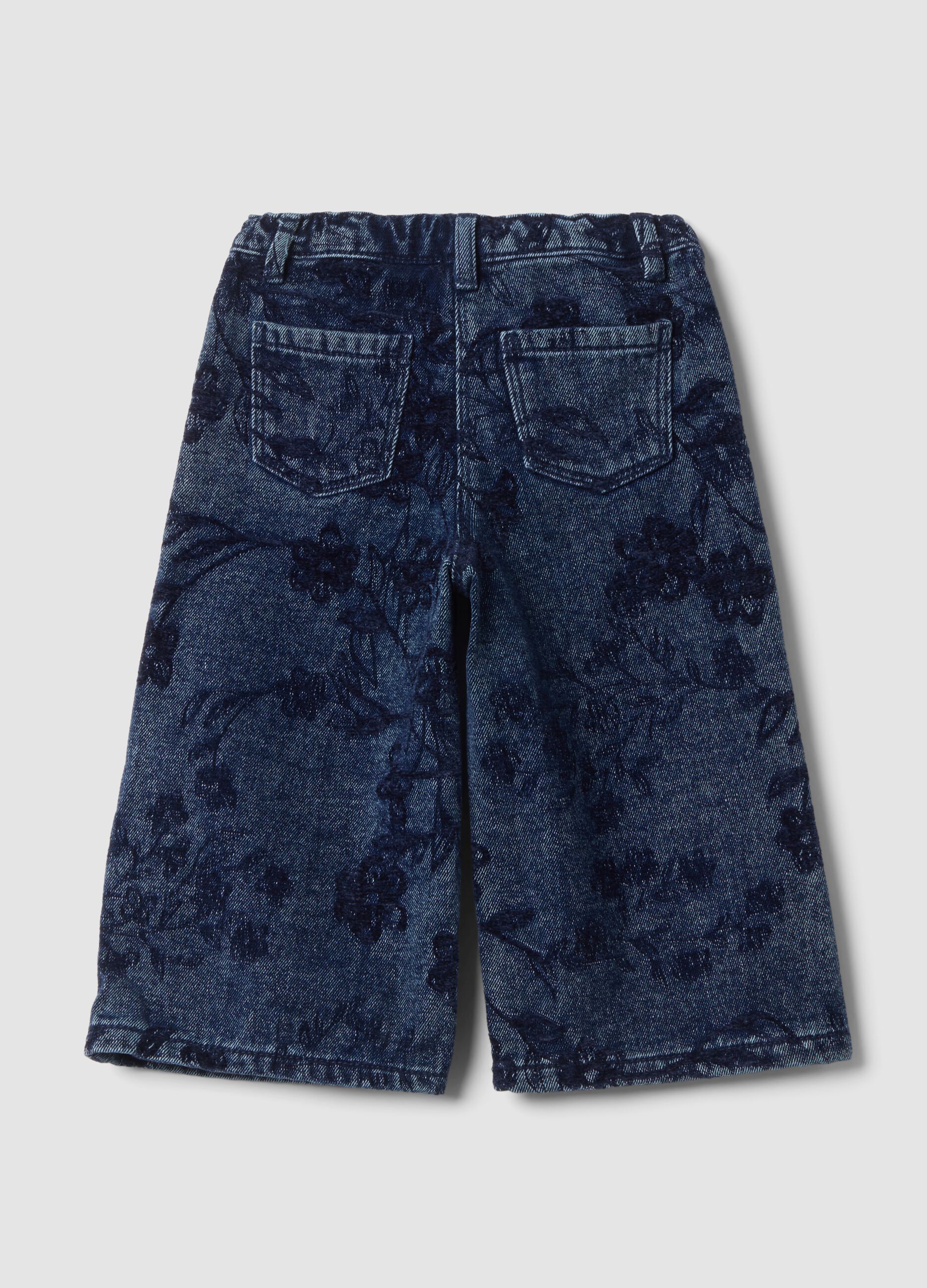 Blue cotton-blend wide-leg jeans with floral print