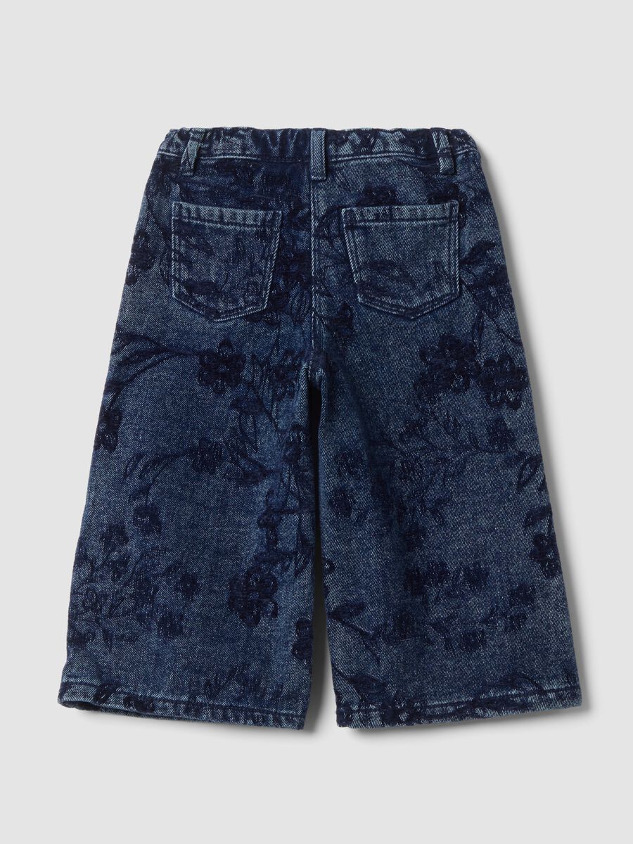 Blue cotton-blend wide-leg jeans with floral print_1