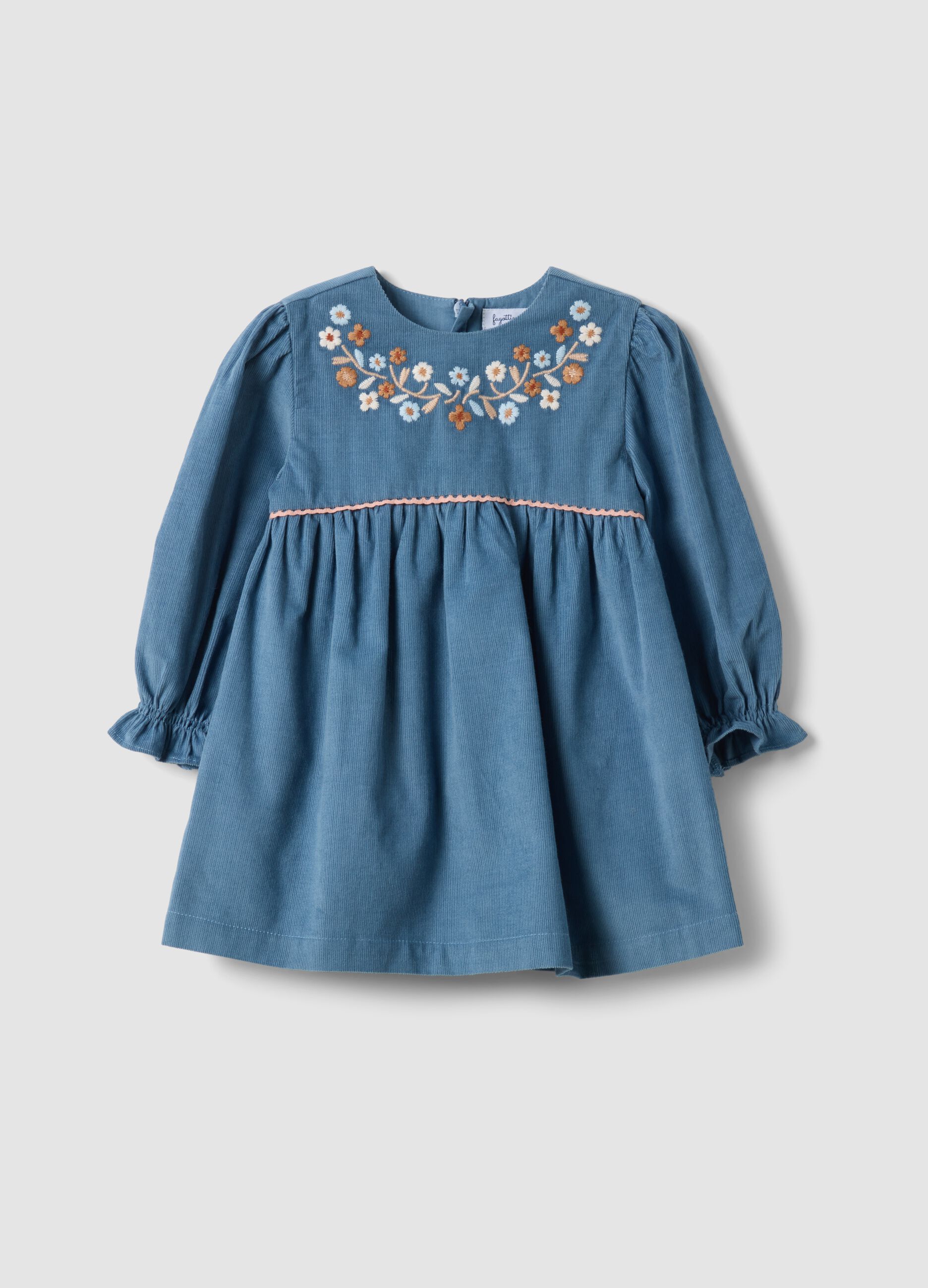 Blue pure cotton dress with floral embroidery and crew neck, oversized fit