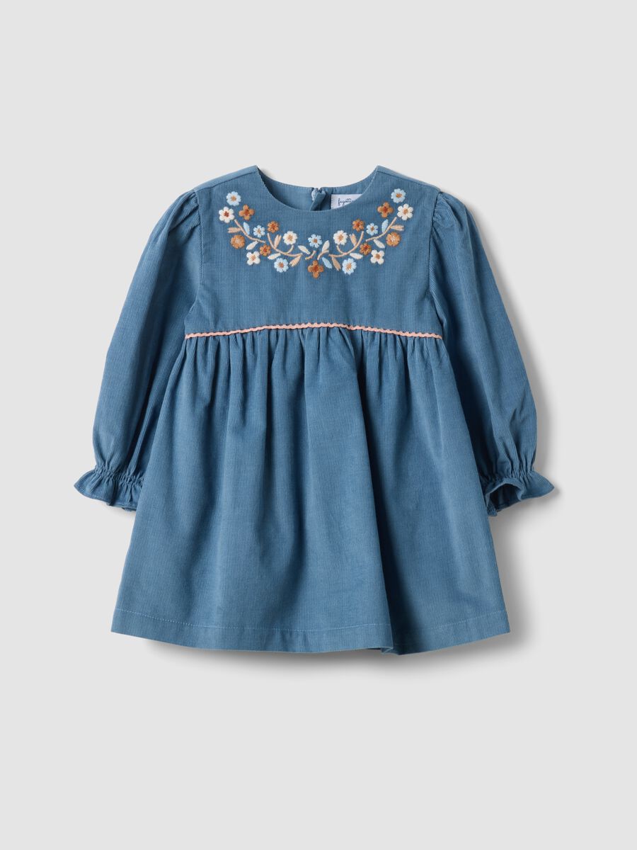 Blue pure cotton dress with floral embroidery and crew neck, oversized fit_0