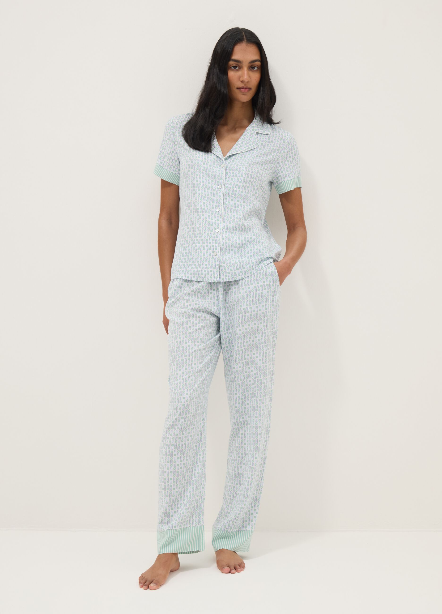 Multicolour pure viscose pyjama shirt, regular fit with design