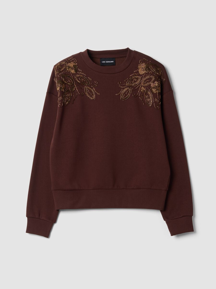 Brown cotton-blend sweatshirt with embroidered crew neck_0