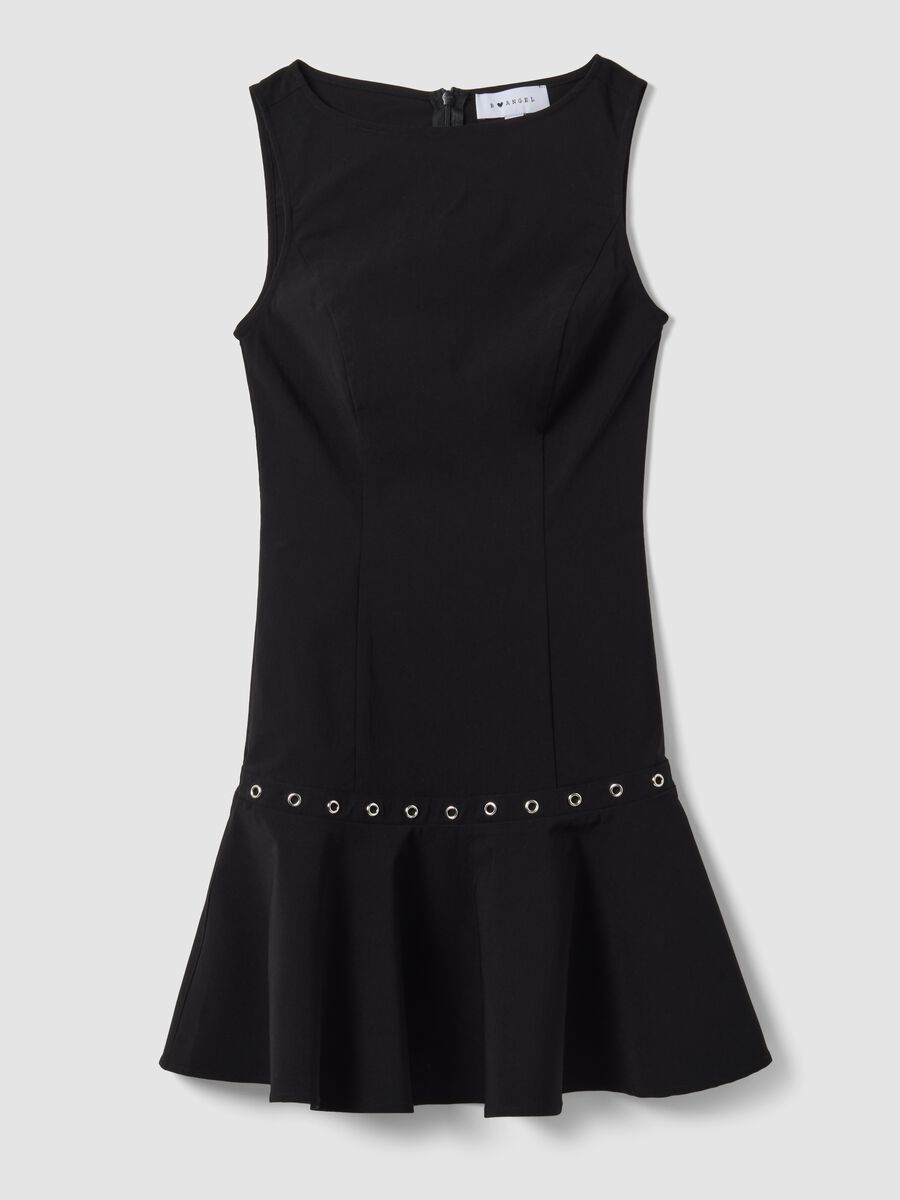 Black sleeveless stretch viscose dress with eyelets_0
