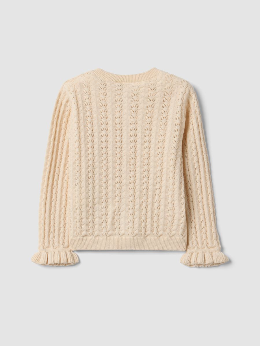 Beige pure cotton openwork knit cardigan for baby girl_1