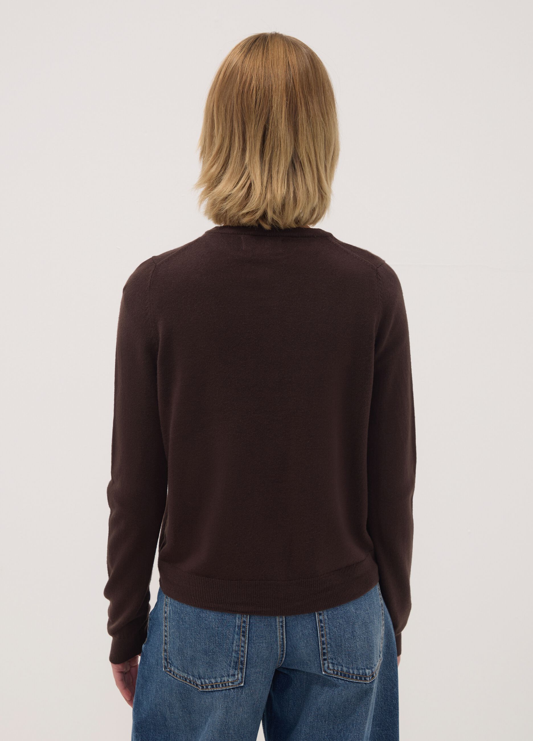 Brown crew-neck regular-fit cardigan with buttons