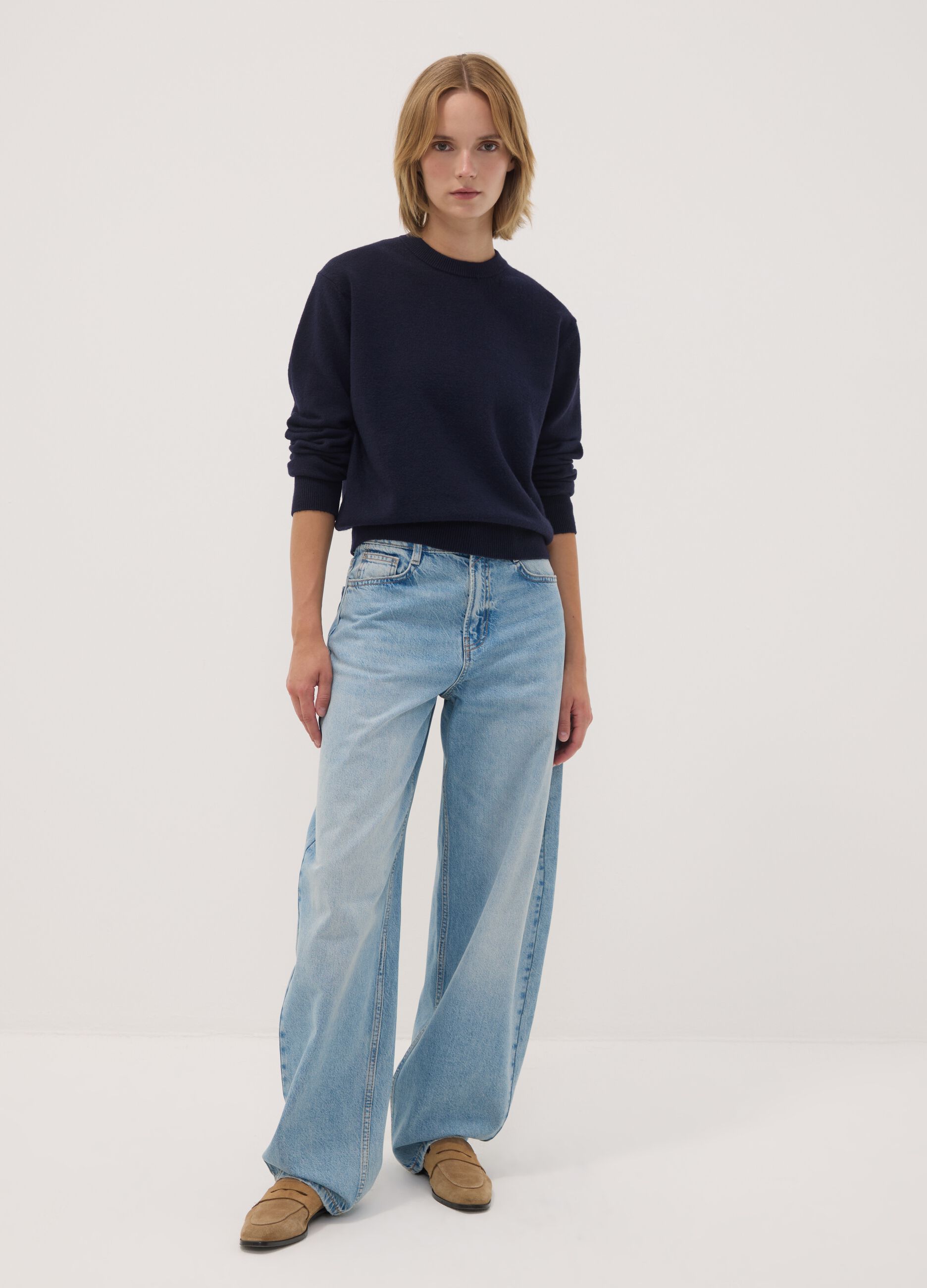 Blue crew-neck jumper in stretch wool
