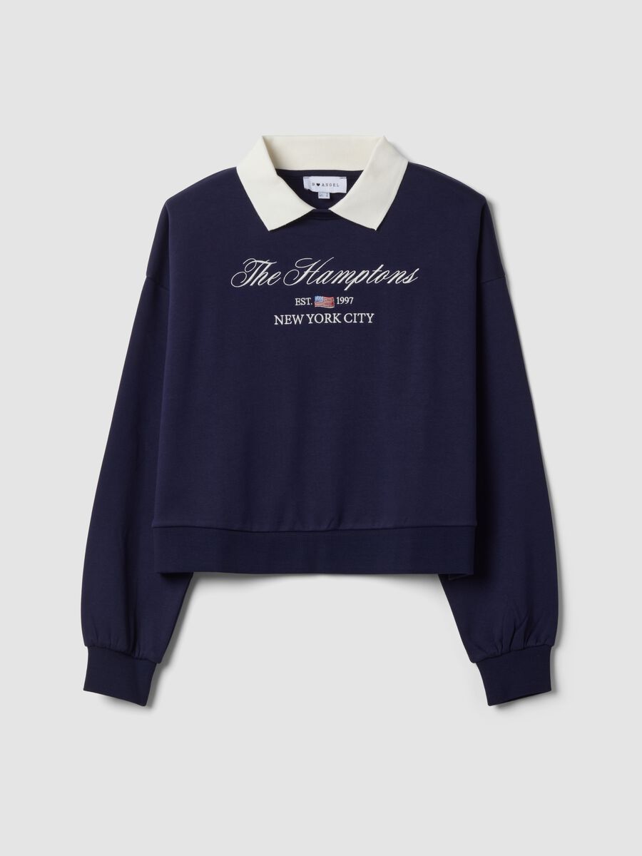 Felpa blu in misto cotone con girocollo e colletto_0