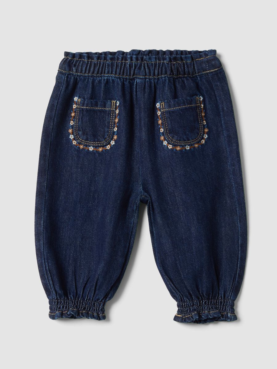 Blue denim joggers in cotton-viscose blend with floral embroidery, comfort fit_0