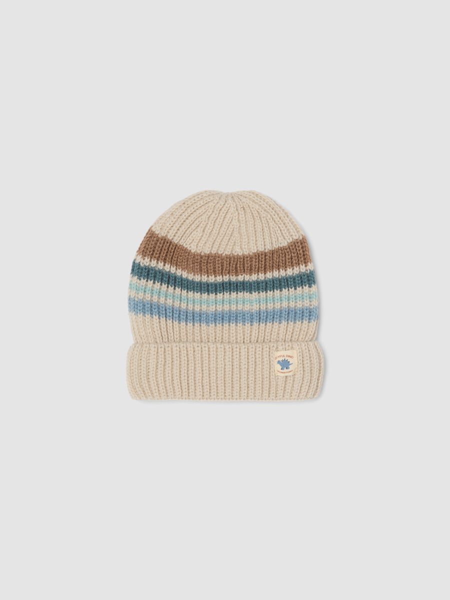 Beige striped knitted hat with turn-up cuff_0