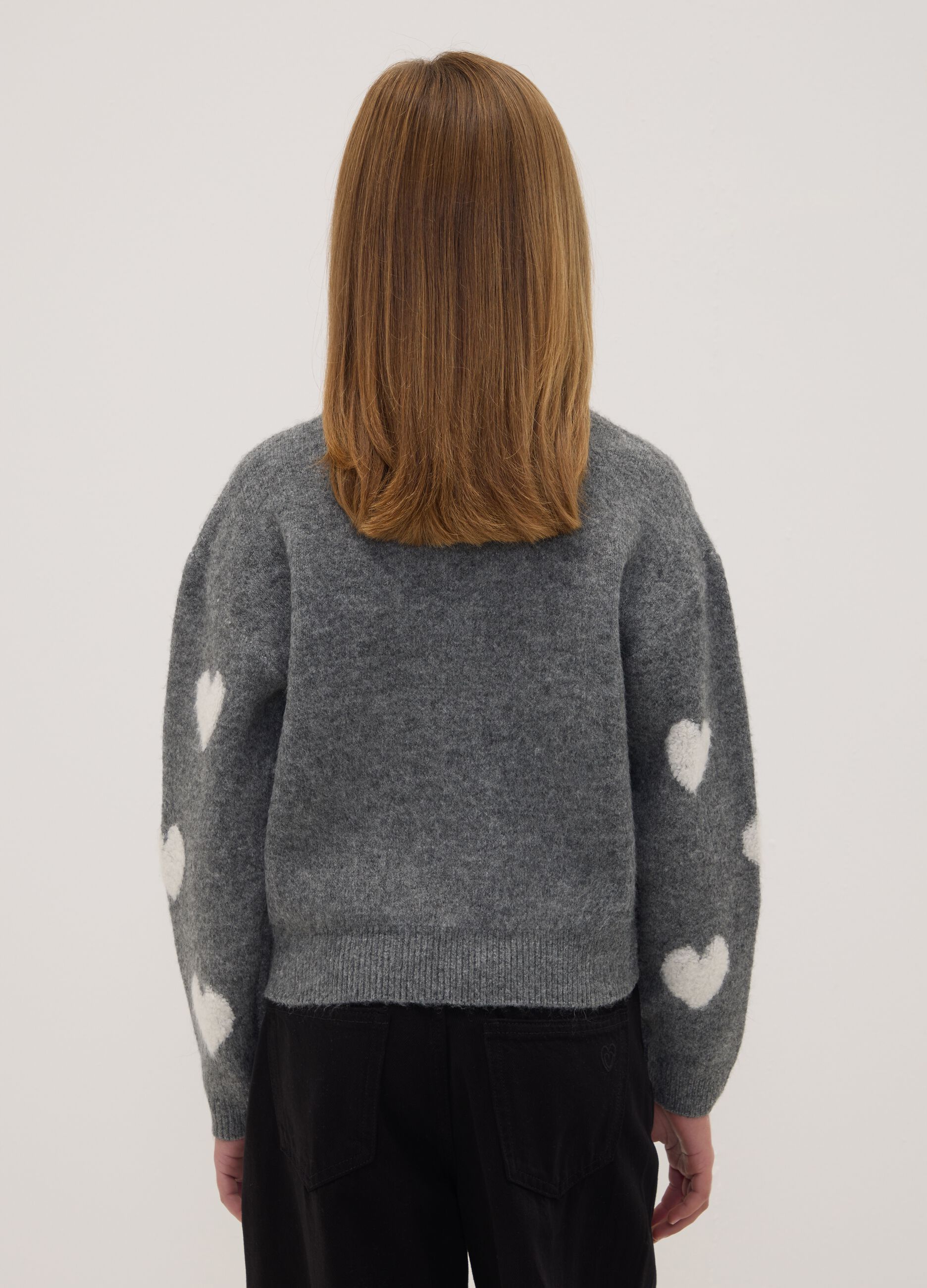Maglia grigia melange in tessuto elasticizzato girocollo con cuori