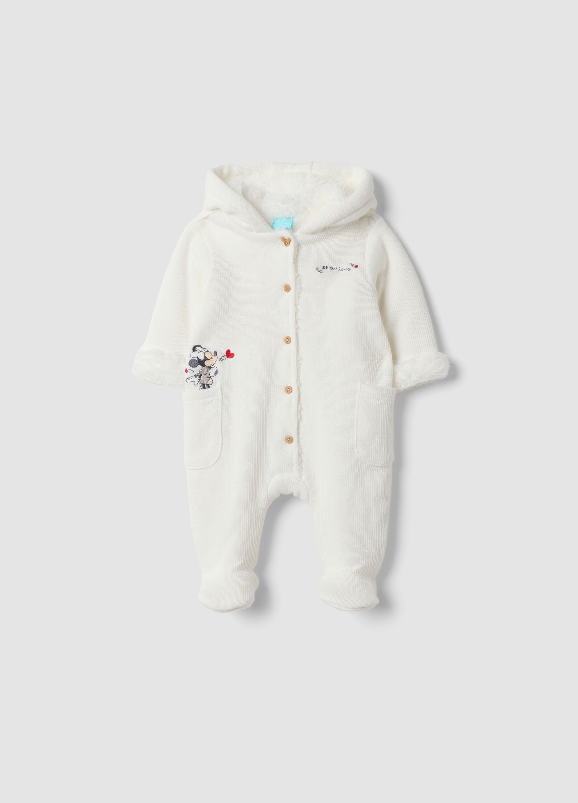 Tutina bianca con cappuccio in misto cotone con stampa Minnie