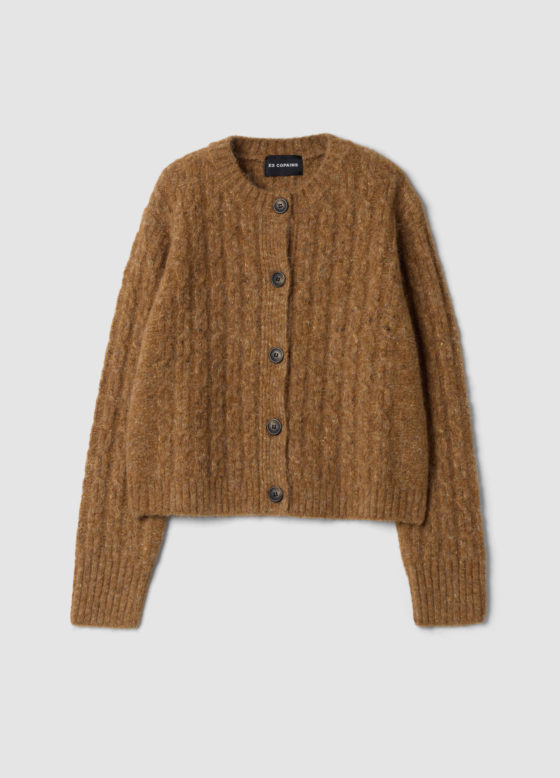 Brown crew-neck stretch wool cardigan, regular fit