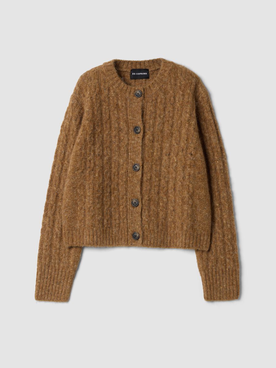 Brown crew-neck stretch wool cardigan, regular fit_0