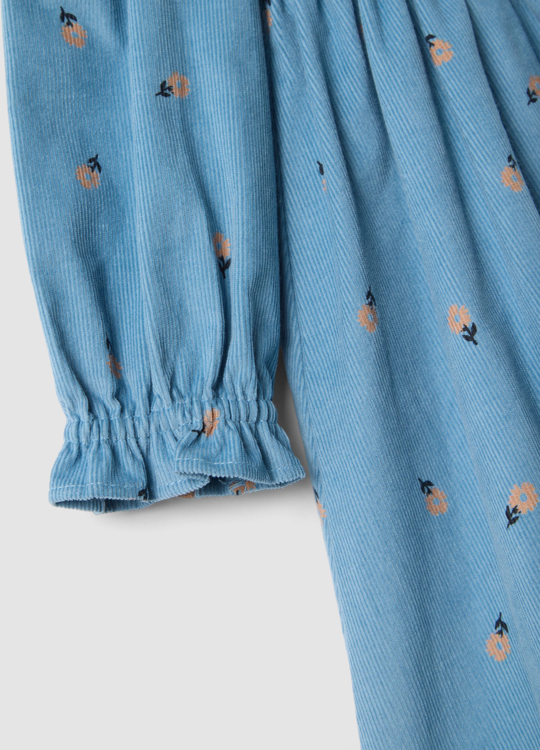 Blue pure cotton ribbed dress with floral print
